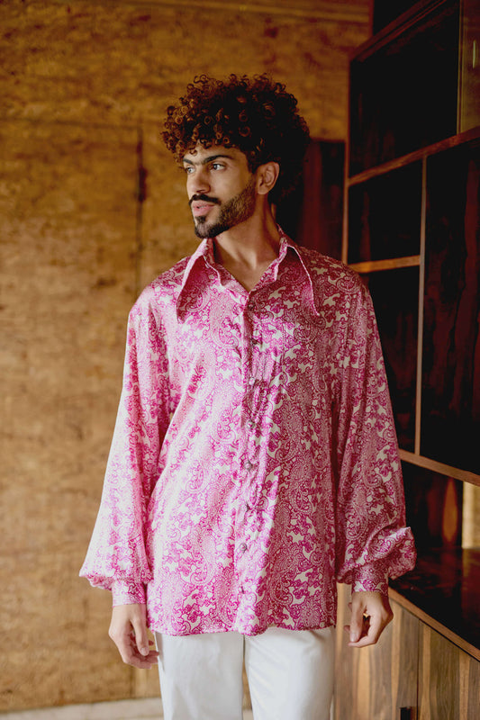 Camisa Paisley de Seda - Off/ Magenta